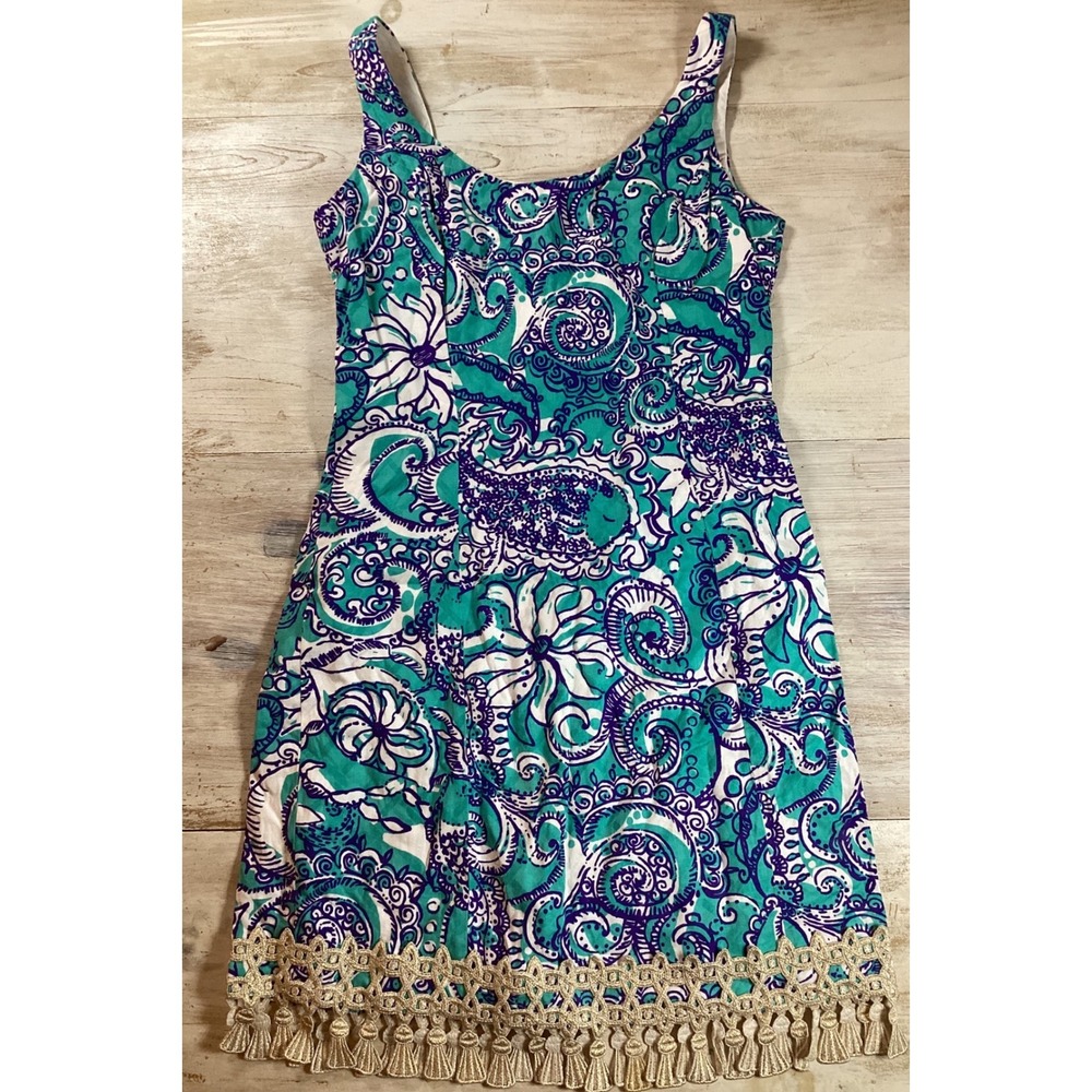 Lilly Pulitzer Teal Purple Paisley Cotton Tassel Trim Shift Dress Size 4